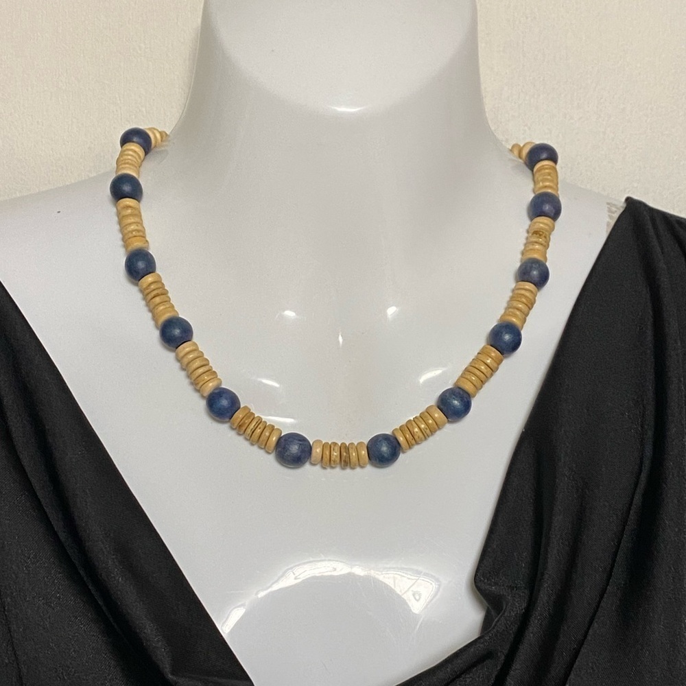 WOODEN Bead Necklace, Blue and Natural Colours, 18 inches